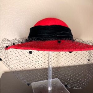 Red Felt Hat with Black Velvet Band & Polka Dot Veil
